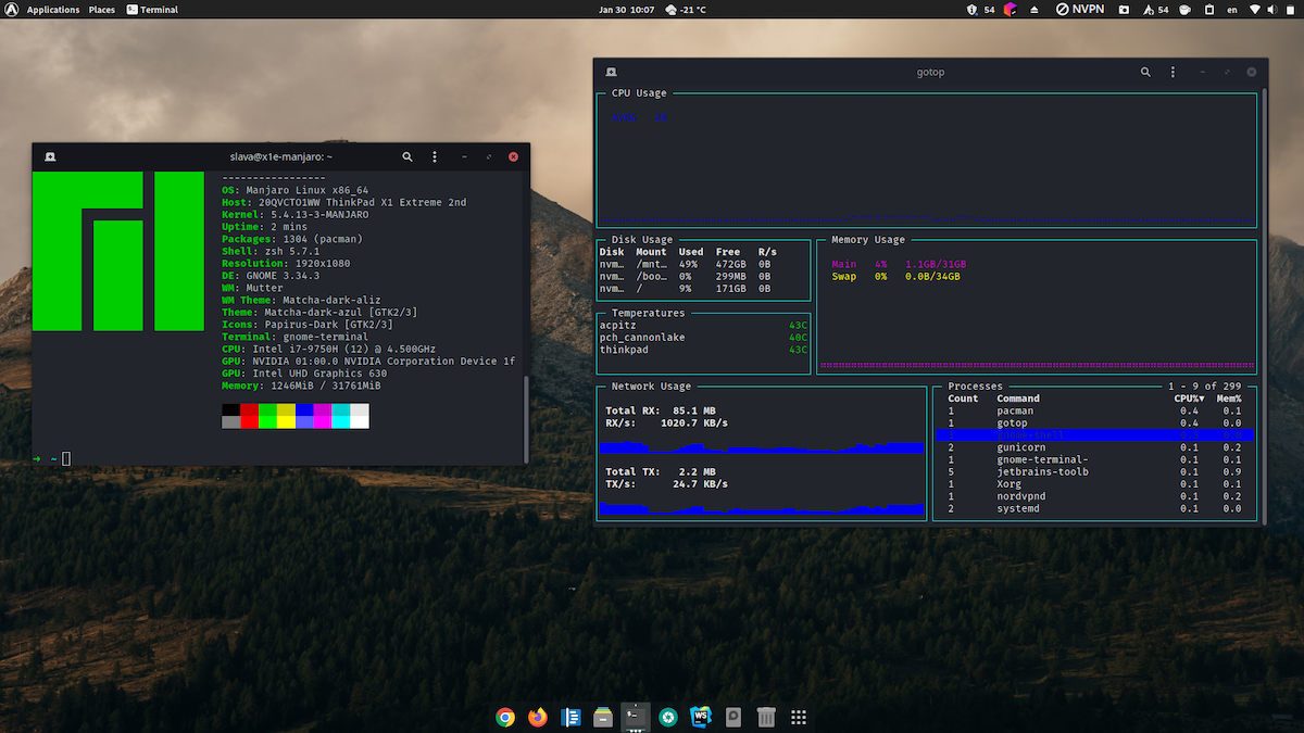 ThinkPad X1 Extreme Manjaro screenshot with system specs (neofetch command output)